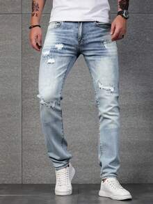 Pantalones vaqueros azul claro con rotos y efecto desgastado, estilo moderno y desenfadado, tejido suave y elástico, casuales y versátiles. - Lavado ligero - Ver 2