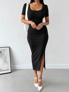 Vestido mujer midi largo casual fresco ajustado manga corta abertura lateral elegante moderno - Negro - Ver 3