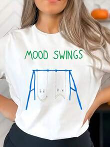 Women's Summer New Simple Print Casual Mood Swings T-Shirt Round Neck White Short-Sleeved T-Shirt Fashionable Daily Tops Suitable For Daily Vacation Wear Graphic Tees - 白色 - 查看 1