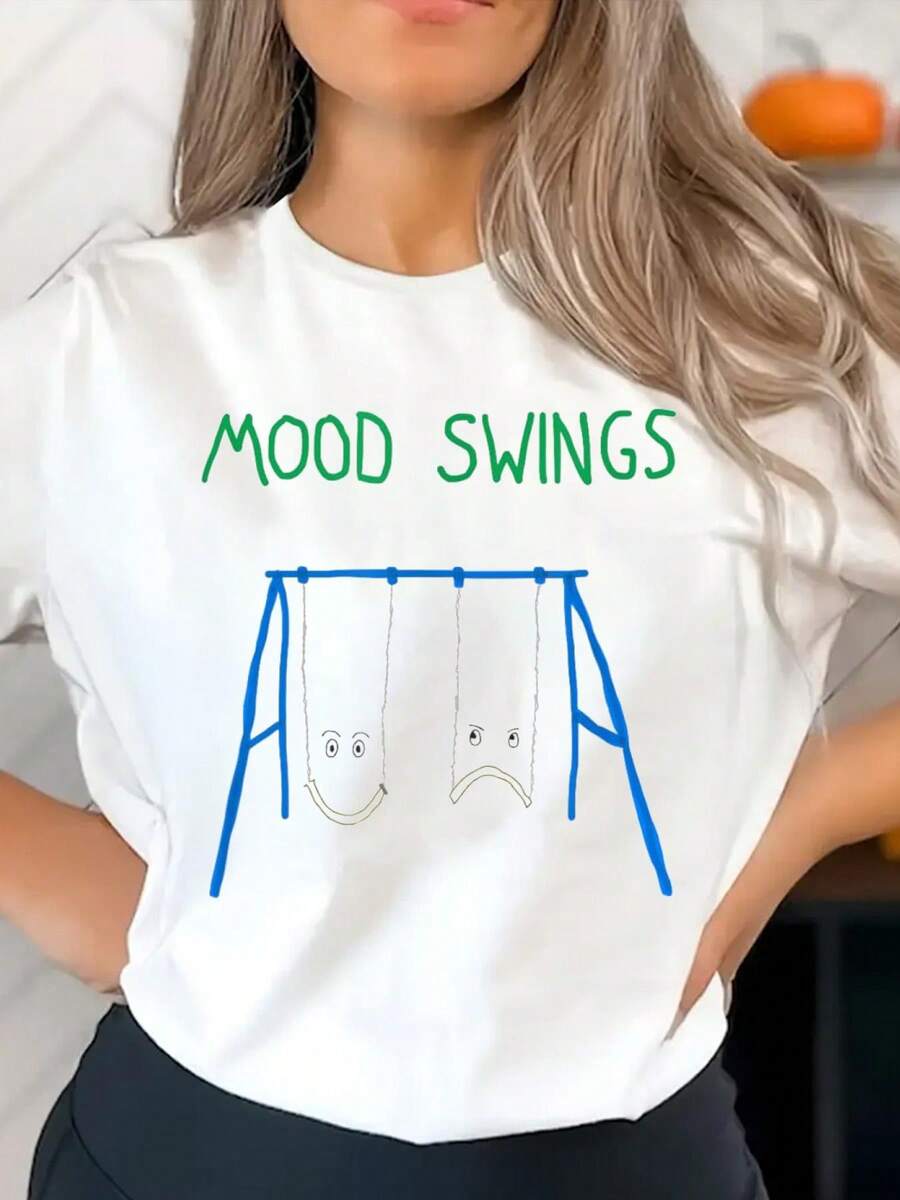 Women's Summer New Simple Print Casual Mood Swings T-Shirt Round Neck White Short-Sleeved T-Shirt Fashionable Daily Tops Suitable For Daily Vacation Wear Graphic Tees - 白色 - 查看 1