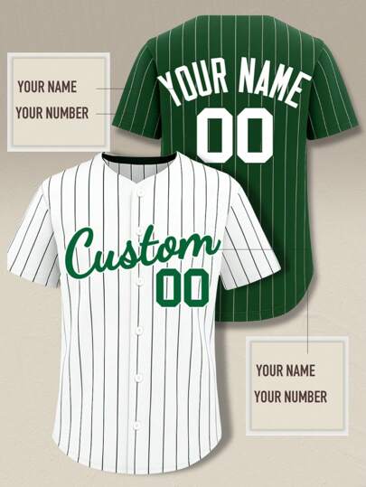 Uniformes de baseball personnalisés pour hommes et femmes, nom et numéro personnalisés, chemises de softball à rayures blanches et vertes, en polyester, design boutonné pour les uniformes d'équipe, convient pour les matchs, l'entraînement, les sports de plein air, cadeau parfait, cadeau personnalisé pour Halloween, Noël et les fêtes