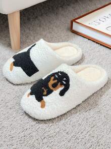Pantuflas con estampado lindo de perro salchicha - Forro súper suave de felpa, suela antideslizante, cómoda y cálida, adecuada para el hogar, descanso o relajación - Blanco - Ver 3