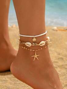 3 pièces/Lot Style Bohème Naturel Coquillage Bracelet de Cheville Fait Main Tressé, Perles de Verre et Étoile de Mer en Alliage Multi-Couche Polyvalent Mode Bijoux Pour Femmes, Convient Pour Port Quotidien, Plage, Fête, Festival de Musique