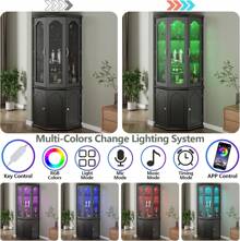 Corner Bar Cabinet W/LED Lights, Tall Modern Wine Cabinet With Tempered Glass Door & Adjustable Shelves, Home Bar Liquor Storage Cabinet With Glass Rack For Living Room, Dining Room (Black)