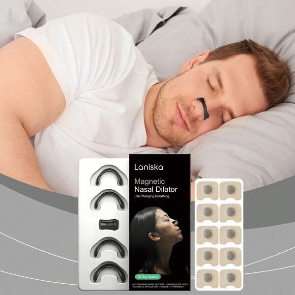 Anti-Snoring Patch Sleeping Set - Mild Ingredients, Comfortable Design, Keep Breathing Smooth, Get A Good Sleep, Suitable For Men And Women (Including Anti-Snoring Nasal Patch * 15 Pairs, Nose Clip * 4, Magnetic Absorber * 1, Magnet * 17)
