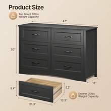 Gizoon 6 Drawer Dresser For Bedroom,47'' Larger Chest Of Drawers With Mental Handle For Kids Room, Black Dresser With 6 Storage Drawers For Living Room, Entryway And Hallway, Black - Black - View 11