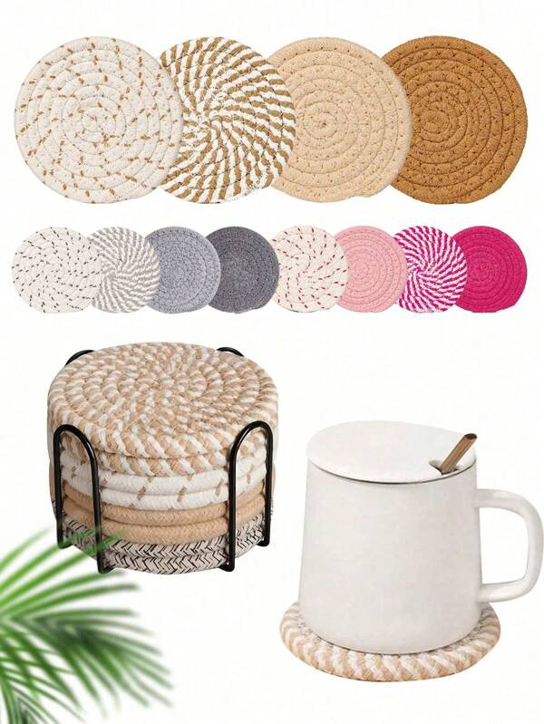 SHEIN X Milania 16pcs/8 Pcs Minimalist Table Woven Coasters, Drink Coasters With Holder,Kitchen Table Heat-Resistant Coasters And Thick Insulation Pads,4 Colors Absorbent Coaster Set For Home Decor Tabletop Protection Suitable For Kinds Of Cups, 4.3 Inches Christmas For Holiday Gift Giving