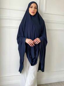 1 件女士加大码无袖纯色穆斯林速效头巾，宽松休闲头巾，Al-Amira、Khimar、、下巴遮盖设计，适合日常佩戴 - 藏藍色 - 查看 9