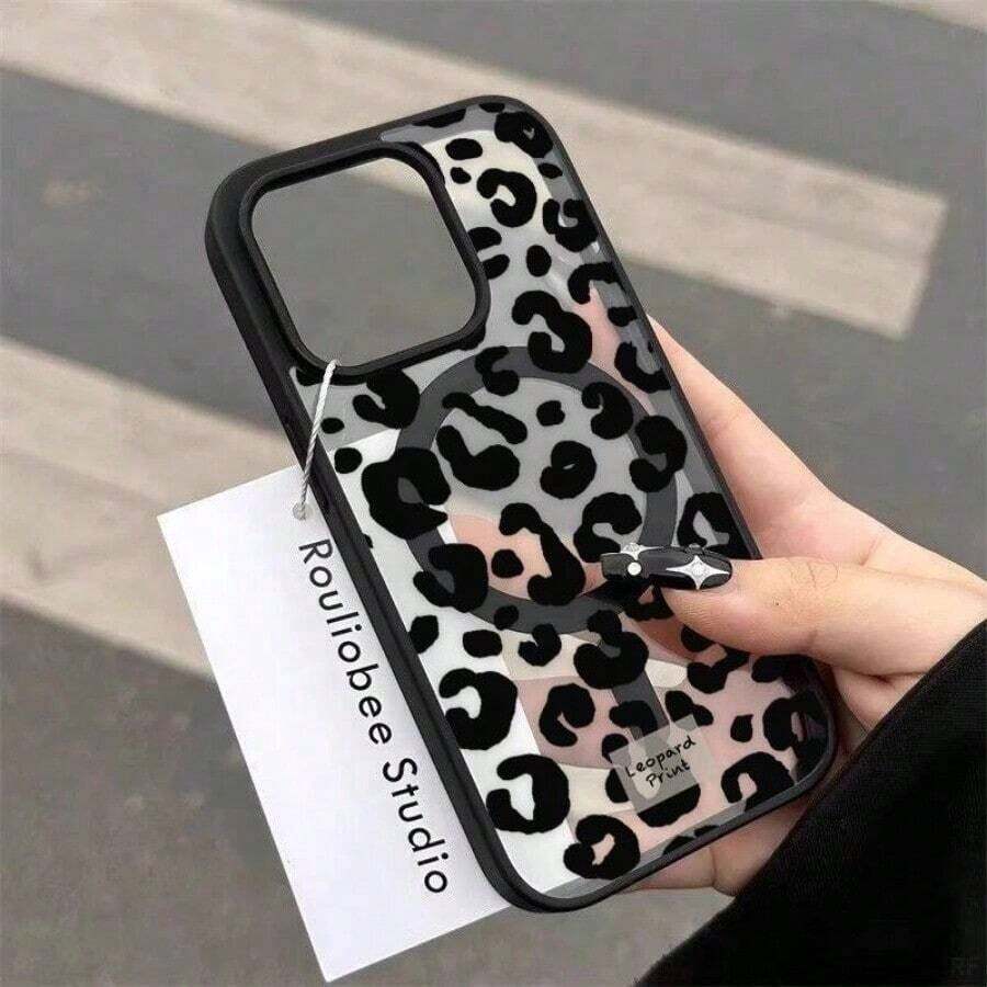 Estuche para teléfono 1 estuche para teléfono móvil con estampado transparente magnético con estampado de leopardo blanco y negro, adecuado para estuche para teléfono 16 15 14 13 12 11 Pro Max Admite carga inalámbrica, uso de material acrílico avanzado, unisex. - Negro - Ver 1