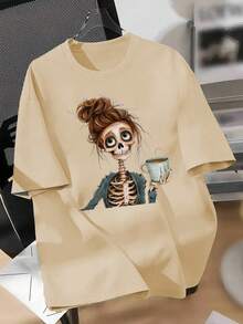 Plus Size Cartoon Graphic Drop Shoulder Tee For Summer - Beige - View 1