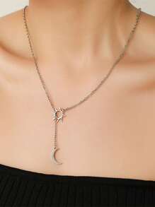 1 Pc Sun & Moon Stainless Steel Pendant Necklace, Minimalist Style Long Chain Necklace, European American Design