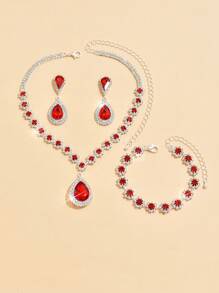 4pcs Bride Jewelry Set: Necklace, Earrings, Bracelet, Fully Rhinestone Waterdrop Floral Design For Women Evening Dress