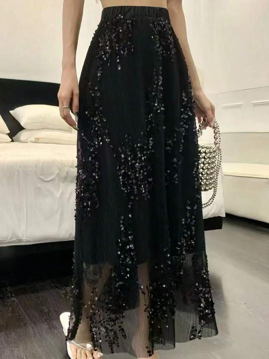 New Elegant Party Tulle Skirt With Rhinestones - Negro - Ver 1