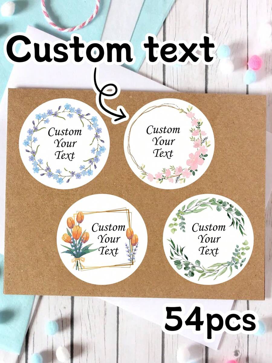 54-540Pcs Custom Text Wreath Stickers,Personalize Wedding Stickers,Customized Text Round Stickers,Customizable Thank You Stickers,Name Label Stickers,Birthday Stickers,Birthday Gifts,Party, Gift Bags/Boxes,Invitation,Elegant,Flower Crown,Perfect Creativity,Various Occasions,Etiquette,Personalized Logo School Supplies,Back To School - Style a - View 1