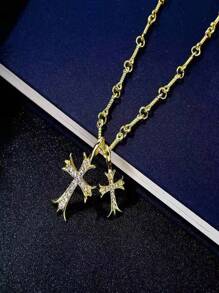 Halskette mit Kreuz, vergoldet/versilbert Anhänger mit doppeltem Kreuz, zarter Diamant-Kreuz Dekor an der Gliederkette, diskreter Choker, delikater Glaubensschmuck, religiöse Geschenke für Frauen