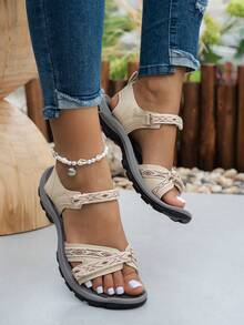 Women's Casual Sandals, Soft & Comfortable Soles, Simple & Stylish Double Strap Design With Adjustable Hook & Loop Closure, Suitable For Commuting, Walking, Leisure Outings. Geometric Bohemian Weave Pattern, Flat Sandals For Summer Beach