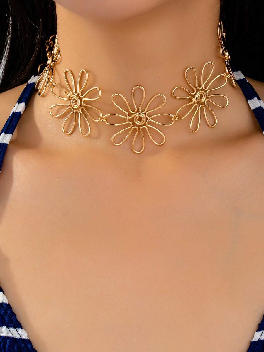 1 件金色花朵颈链，金属丝花卉粗袖口颈链，适合女士日常佩戴、度假、海滩、旅行