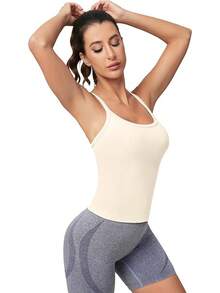Workout Tops Women With Built In Bra, Sleeveless Gym Tops Seamless Racerback Athletic Yoga Shirts, Activewear - 象牙 - 查看 7