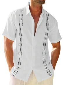 Mens Linen Shirt Guayabera Cuban Short Sleeve Button Down Cotton Summer Beach Hippie Shirtshalloween - 米色 - 查看 9