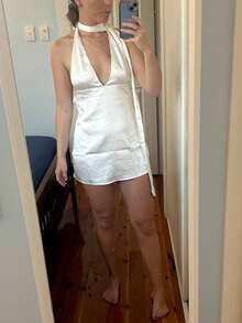 Women's Sleeveless Halter Backless Mini Dress Deep V Neck A-Line Casual Party Short Dresses,With Scarf - trắng - Xem 7