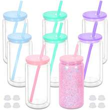 Paquete de 8 tumblers tipo globo de nieve de pared doble de 16 onzas, tazas de frascos de albañil con glitter DIY con tapa, pajita y tapón de silicona - Lavar a mano, libres de BPA y PVC, botellas de agua de plástico ligero para Halloween y Acción de Gracias - Multicolor - Ver 12