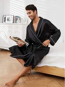1pc-Men's Satin Robe Lightweight,Men's Luxurious Silk Kimono Bathrobe. - Black - View 3