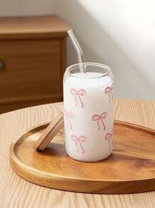 1个带竹盖和吸管的玻璃杯，啤酒罐造型，可作水杯、冰咖啡杯、奶昔杯、水果杯、果汁杯，粉色蝴蝶结印花，可重复使用，夏季饮品杯，大容量户外旅行便携饮料果汁杯，适合家庭、办公室、聚会、生日派对、节日、圣诞节等场合，冬夏皆宜。 - 粉色 - 查看 4