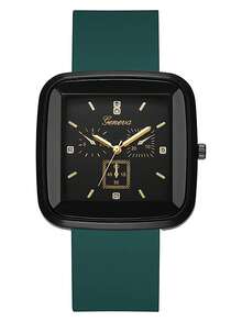 1 件 Lassic 方形石英表硅胶表带锌合金指针锌合金表壳三个小表盘运动手表男女款