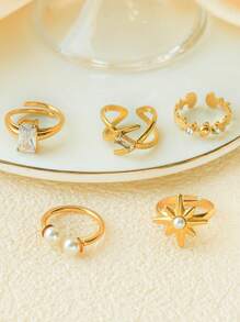 1pc Elegant & Feminine Stainless Steel Plated Gold Ring With Pearl, Crystal & Geometric Line Decor, Suitable For Women's Everyday Wear, Casual Gatherings With Friends