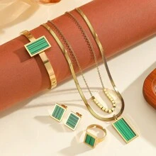 Juego de joyas de 5 piezas con collar de cadena de doble capa con cuentas cuadradas doradas de acero inoxidable, aretes, pulsera y anillo, accesorios de fiesta, juego de joyas de moda