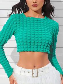 Blusa crop top texturizada manga larga playera dama mujer texturizado – Estilo Casual y Juvenil, Disponible en Múltiples Colores - Verde - Ver 1