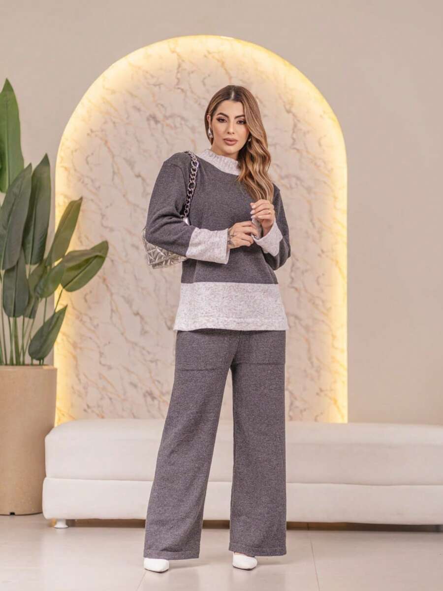 Oversize Knit Set In Plain Mousse Yarn With Striped Detail On The Hem, Autumn Winter - Dark Grey - View 1