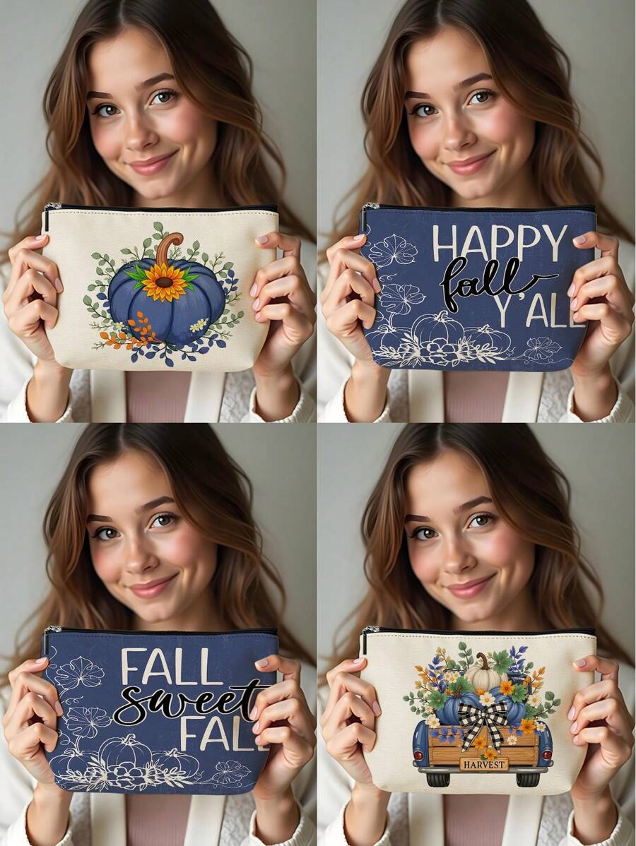 1pc Autumn Pumpkin Sunflower Maple Leaf Bow Letter Linen Printed Makeup Bag, Cute Travel Cosmetic Pouch And Multifunctional Coin Purse, Lightweight Gift For Women