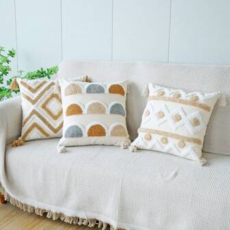 1pc Geometric Circles Embroidered Plush Cushion Cover, Boho Style Headboard Sofa Office Canvas Backrest Living Room Window Seat Towel Embroidery Pillow Sham