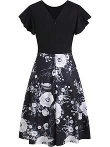 Women's Semi-Formal Ruffle Sleeve V-Back Work Fit And Flare Cocktail Knee Length Dress With Pockets, 2025 Style - 黑色花卉-978 - 查看 4