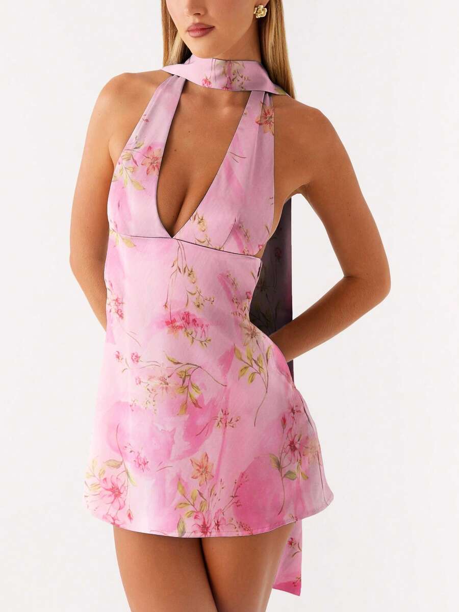 Women's Sleeveless Halter Backless Mini Dress Deep V Neck A-Line Casual Party Short Dresses,With Scarf - Màu Hồng Dưa hấu - Xem 1