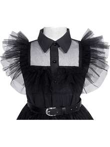 Girls Princess Dress Set With Belt, Wig, Eye Mask & Socks - Includes Chiffon Shirt Collar Black Outfit For TV Show Character, Halloween, Festival, Party, Birthday Costume - Black - View 4