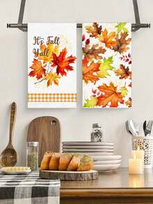 2Pcs 15.7"X23.6" Autumn Maple Leaf Design Kitchen Towel & Dish Cloth Set, Nordic Style, Versatile For Cleaning & Decor, Suitable For Thanksgiving, Fall Home Essentials - Multicolor - View 2