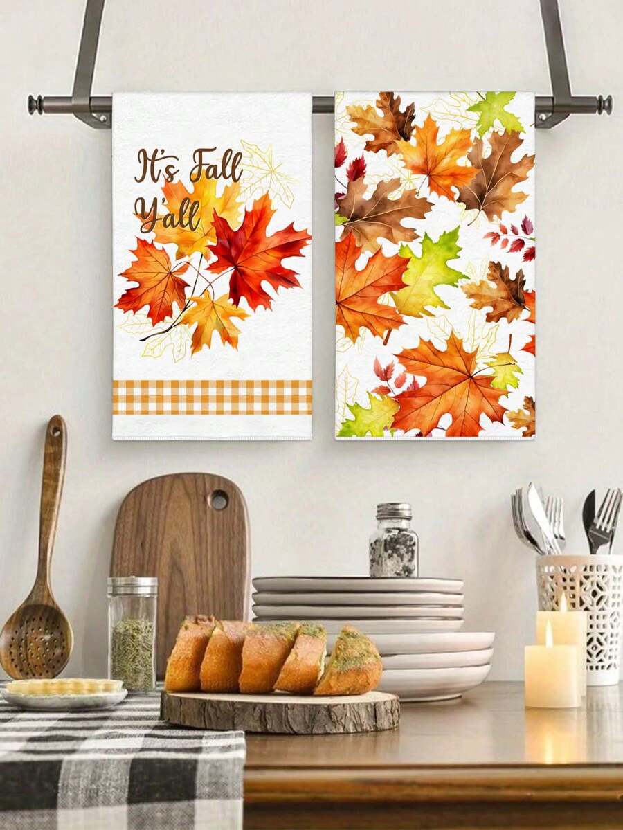 2Pcs 15.7"X23.6" Autumn Maple Leaf Design Kitchen Towel & Dish Cloth Set, Nordic Style, Versatile For Cleaning & Decor, Suitable For Thanksgiving, Fall Home Essentials