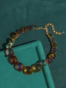 Vintage bronze-plattiertes 18k Goldfarbenes, übertriebenes, transparentes Kunstharz-Emaille Bonbon-farbenes Halskette, Armband, Ohrring Schmuckset