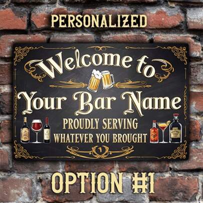 8x12 Inches Personalized Vintage Metal Bar Sign With Welcoming Text, Customized Metal Hanging Decor For Home And Tavern, Universal Holiday Decoration, No Battery Required