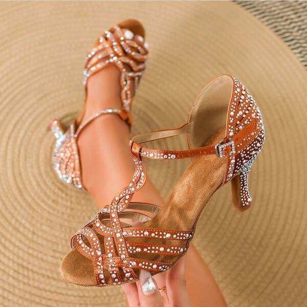 Scarpe da ballo latino eleganti da donna in bronzo, con suola morbida, comode per tango, salsa e balli da sala, con tacco cubano, con strass, scarpe da sposa da donna con tacco stabile da 7,5 cm