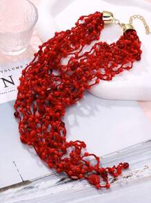 Colar vermelho com várias camadas de crochê ZAA, um colar de crochê moderno, usado em feriados, boêmio, com contas de arroz na cor coral, colar longo com babador, corrente exagerada de clavícula empilhada com várias camadas