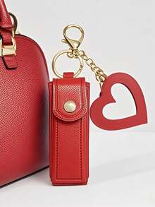 1pc Solid Color PU Leather Lipstick Holder (With Heart-Shaped Mirror) - Women's Makeup Keychain. Back To School Lipstick Holder With Heart-Shaped Mirror, Multiple Colors Available, Women's Makeup Bag, Heart-Shaped Bag Charm Fashion Keychain Pendant, Wallet, Handbag, Bag Accessory. Suitable For Parties, Weddings And Dances. Make Up Bag - White - View 2
