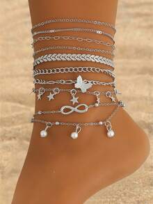 9-4pcs Women Fashion Anklets Set, Versatile Butterfly Bead Chain & Snake Bone Chain Design, Suitable For Beach Party, Vacation, Casual Wear - Gold - View 9