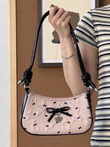 Niche Design Bow Print Fashionable & Versatile One Shoulder Baguette Bag, Cute Girl Style Crossbody Bag For Commuting, Cute Bow Bag For Women - Pink - View 2