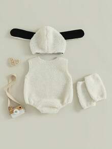Baby Boy Girl Sheep Costumes Fleece Sleeveless Romper Ears Hat Leg Warmers Halloween Animal Cosplay Clothes - 白色 - 查看 2