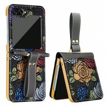 VIETAO 花朵彩色花卉设计仿皮手持式手机壳适用于三星 Galaxy Z Flip 3 4 5 6 7 指环支架电镀手机壳 - 黑色 - 查看 3