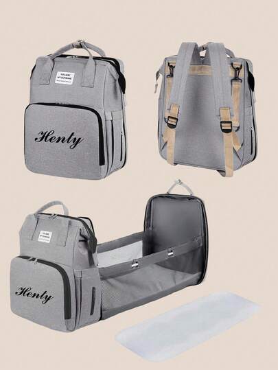 Mochila pañalera 2 en 1 y cama portátil personalizada - Nombre bordado personalizado, bolso de mamá con múltiples bolsillos, regalo de baby shower para nueva mamá, artículos de viaje para la guardería unisex, multifuncional, ornamental, con letra, elegante, moderno, colorido, lindo, adorable, casual, personalizado, único, personalizado, regalo ideal para él, regalo ideal para ella
