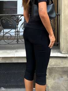 Blazique Yuwenier 街头时尚弹力高腰紧身七分裤拉链斜口袋修身打底裤黑色七分裤女士日常穿着 - 黑色 - 查看 2